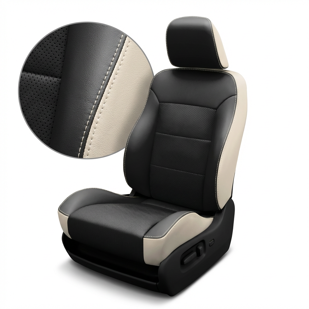 Black and beige car seat cover with detailed texture on a white background