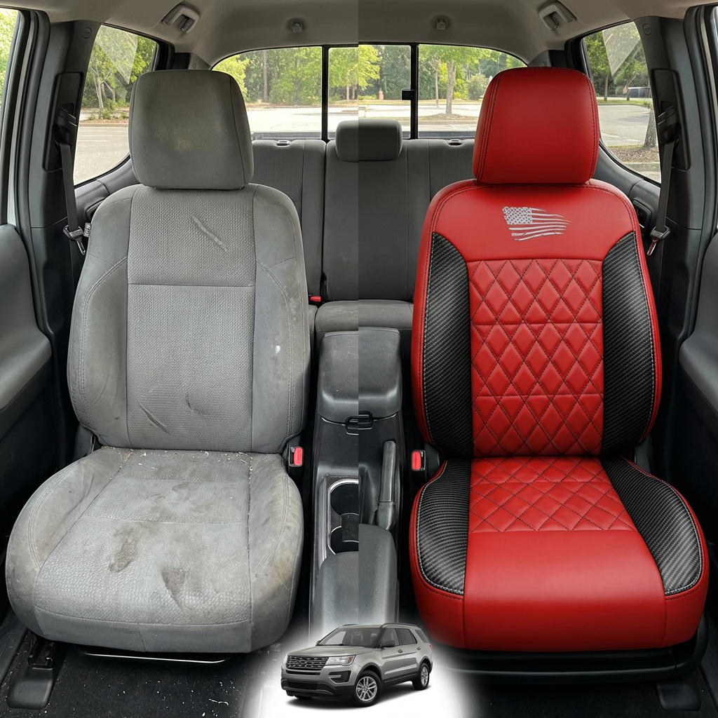Before-and-after comparison of front seats, showing cloth seat upgraded to perforated leather upholstery.