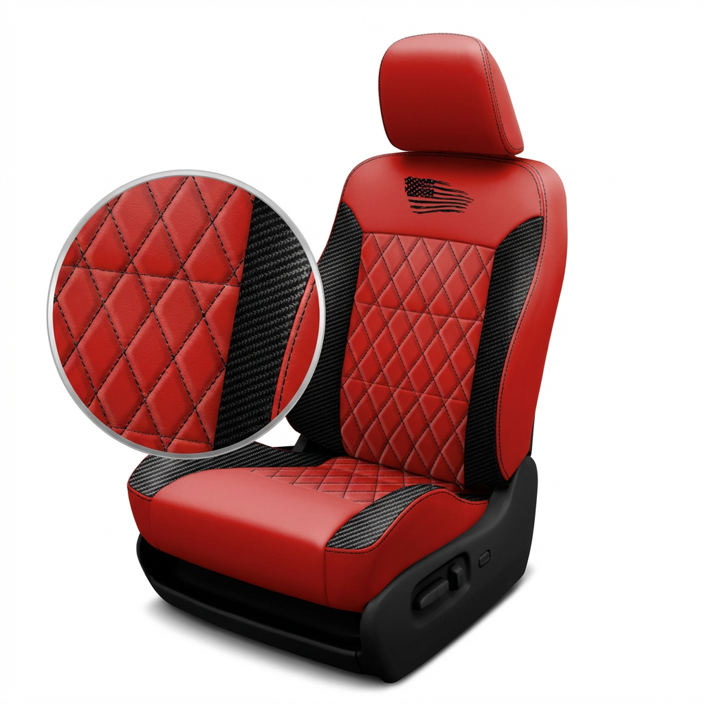Red car seat cover with quilted design and black accents on a white background