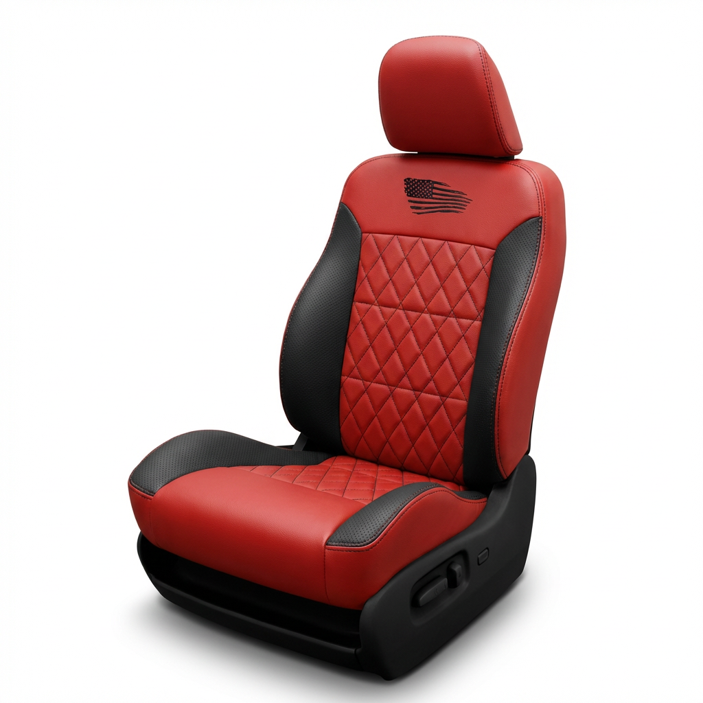 Red and black quilted car seat with a brand logo on a white background