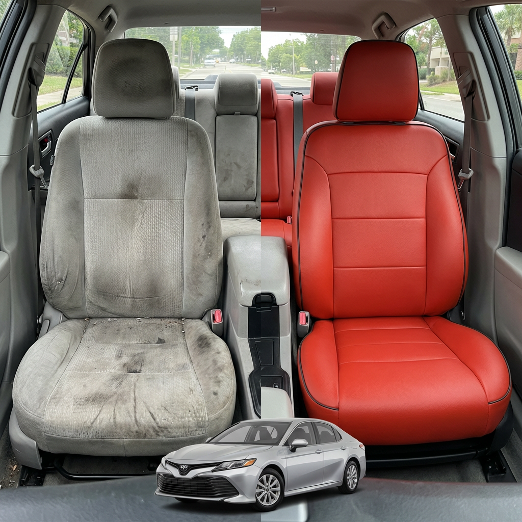Before-and-after comparison of front seats, showing cloth seat upgraded to perforated leather upholstery.