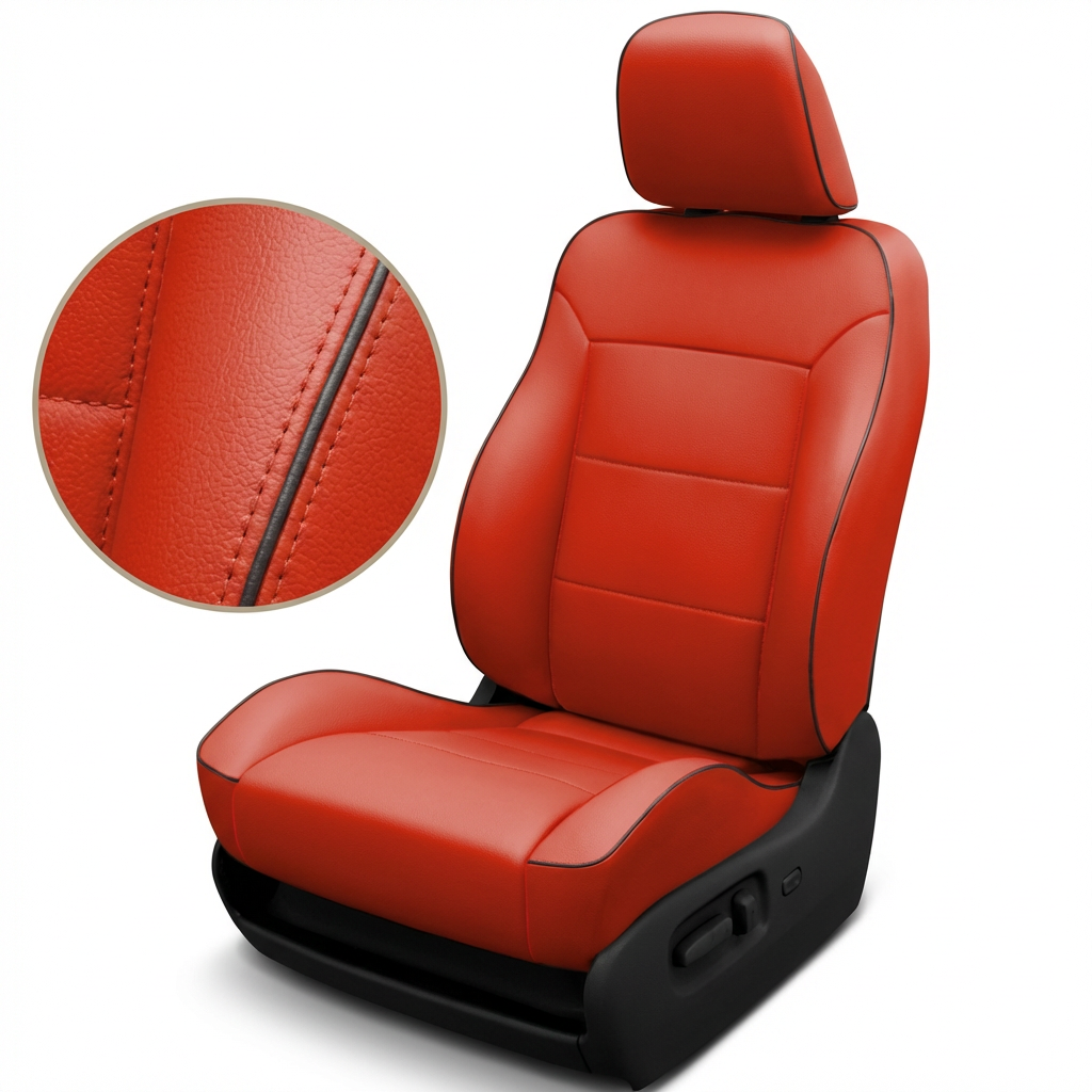 Red car seat with black accents and detailed closed up stitching on a white background