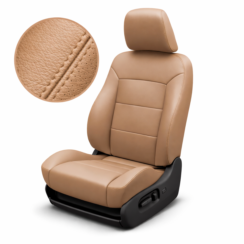 Beige leather car seat with close-up of texture on a white background