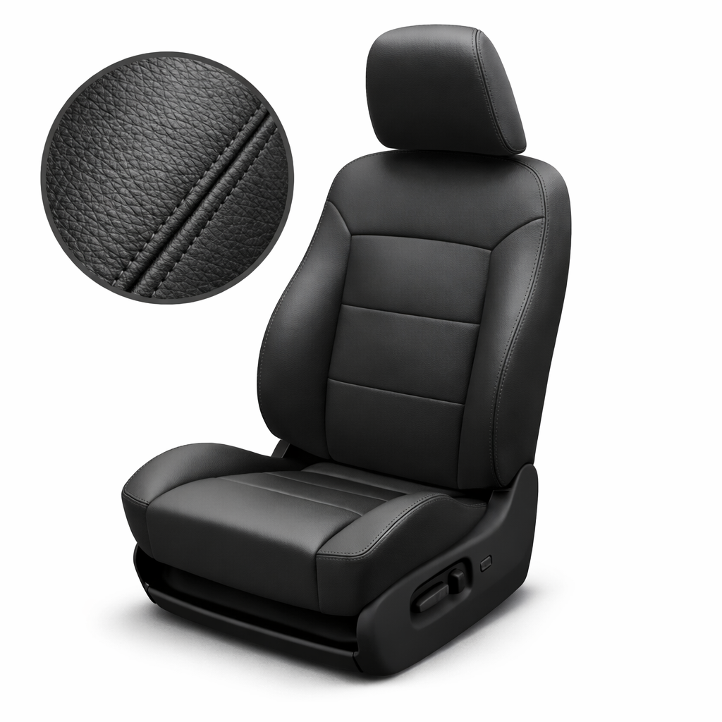 Black car seat with headrest and detailed closed up stitching on a white background