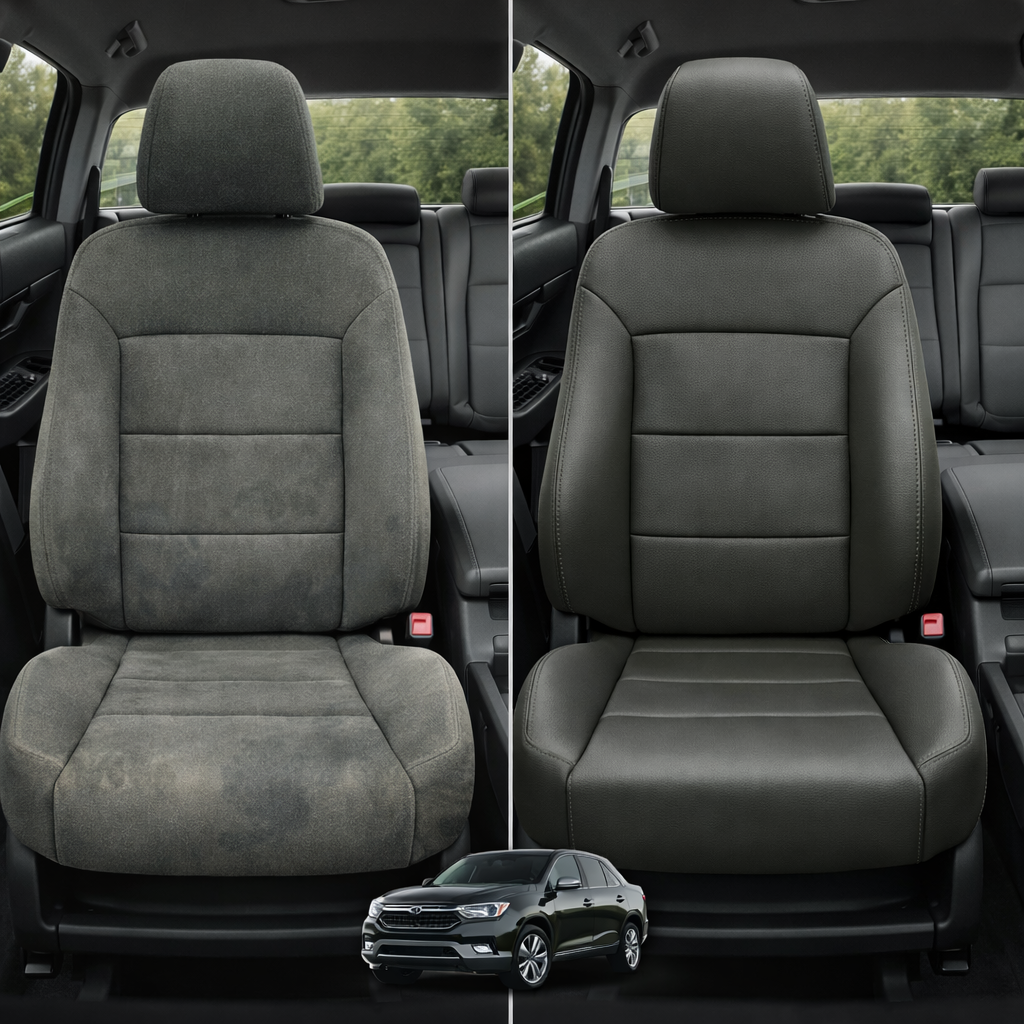 Before-and-after comparison of front seats, showing cloth seat upgraded to perforated leather upholstery.