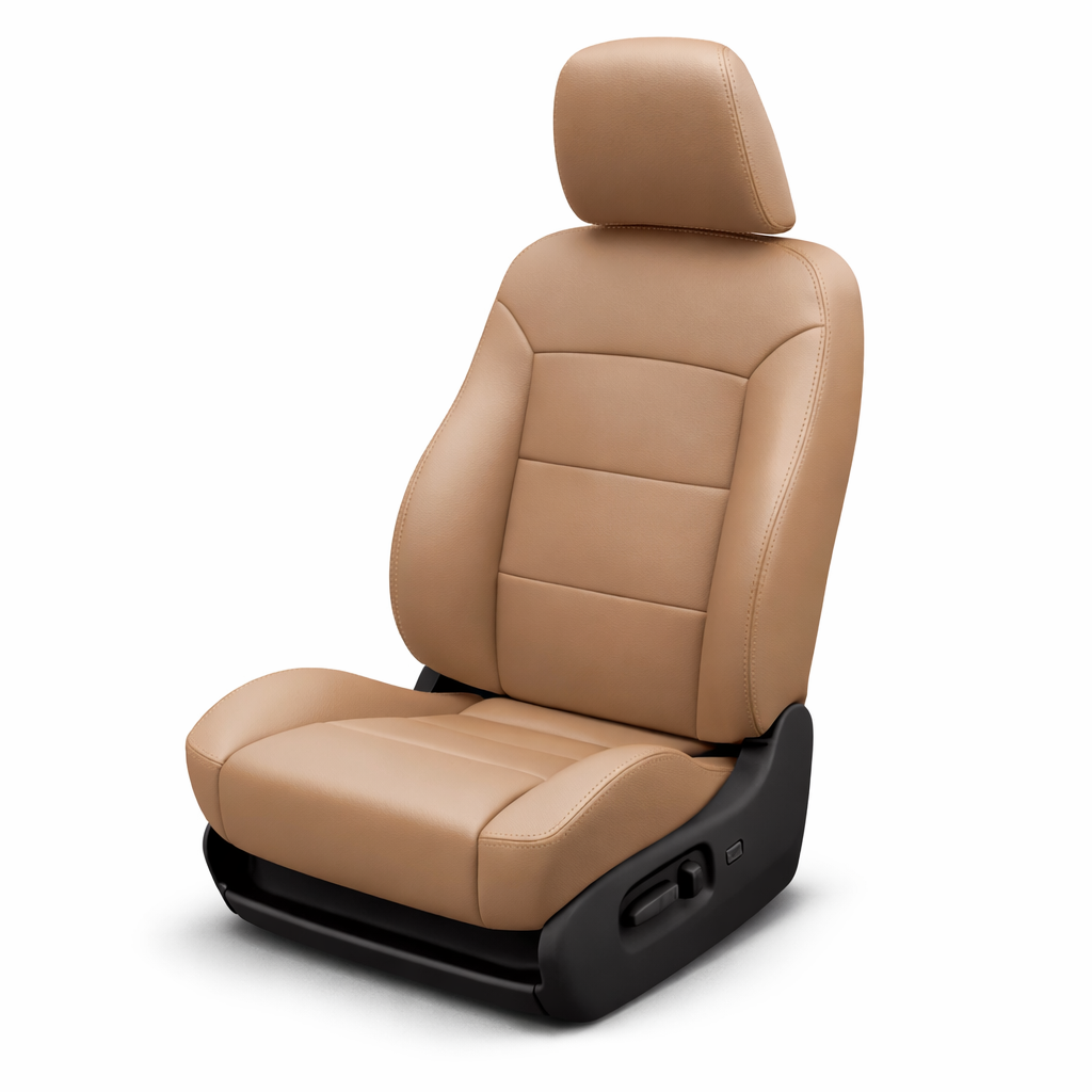 Tan/Beige seat with headrest on a white background