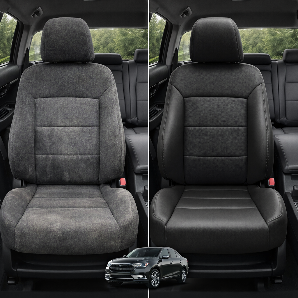 Before-and-after comparison of front seats, showing cloth seat upgraded to perforated leather upholstery.