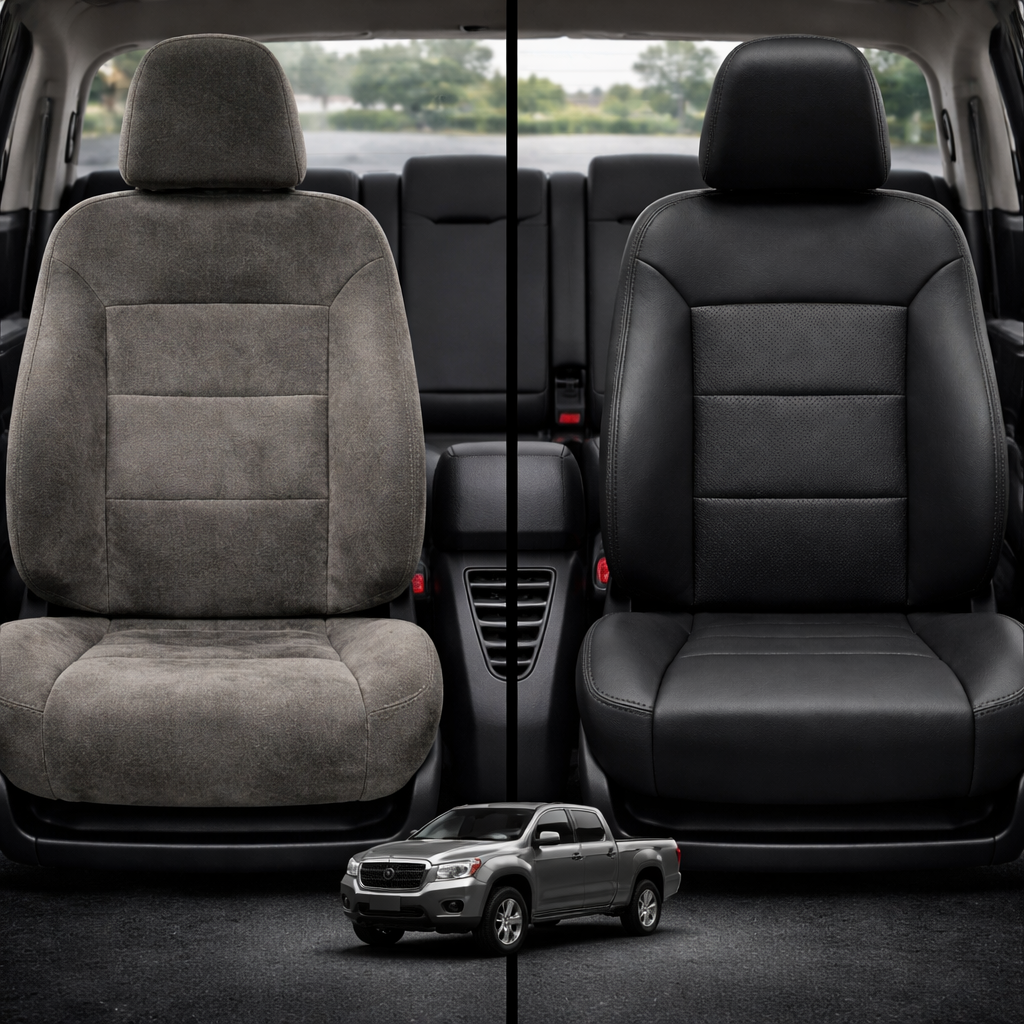 Before-and-after comparison of front seats, showing cloth seat upgraded to perforated leather upholstery.
