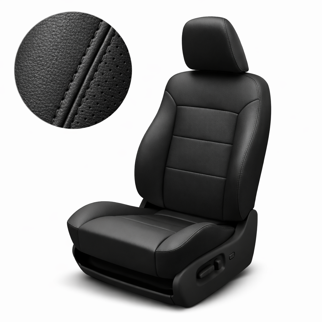 Black car seat cover with detailed texture on a white background