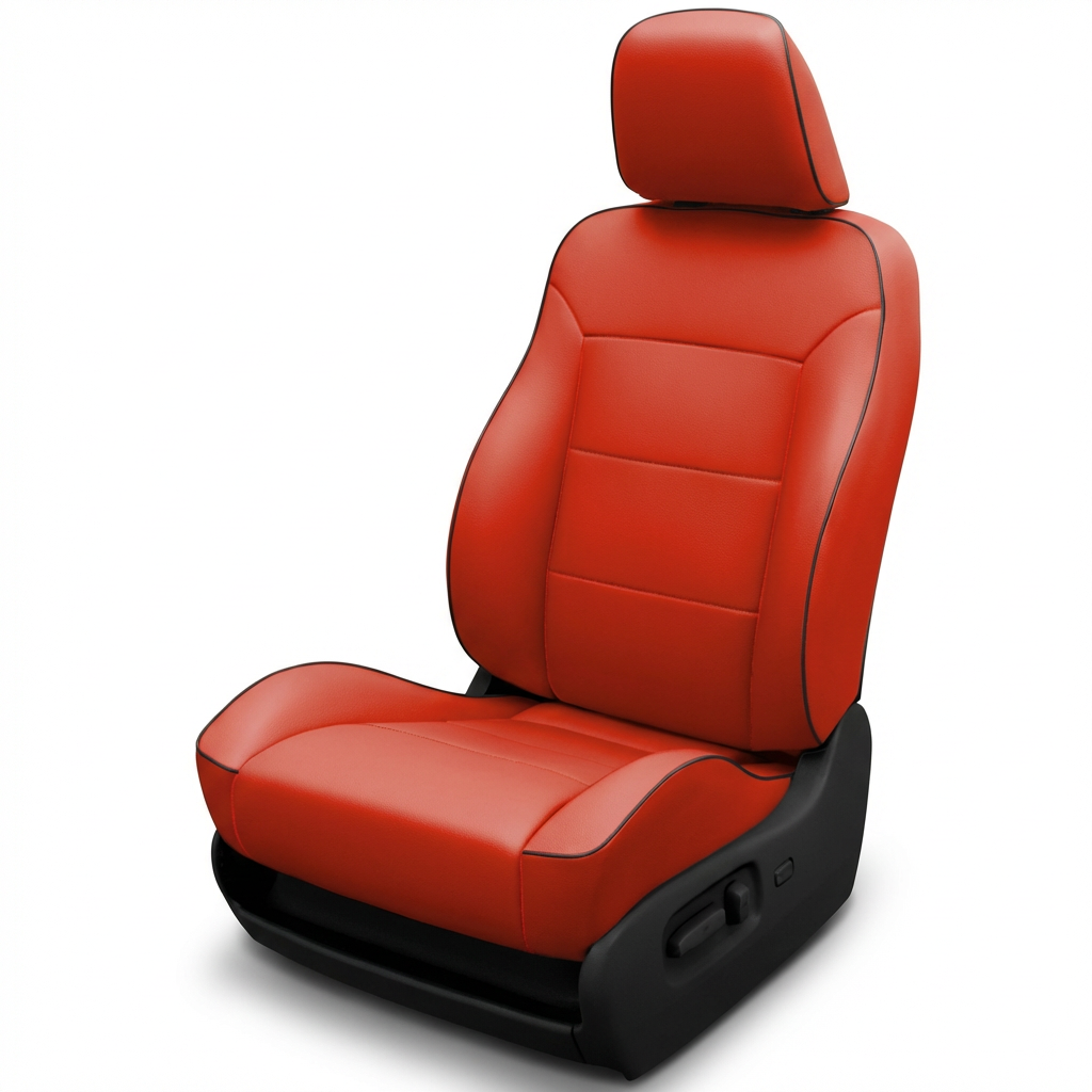 2005–2007 Chrysler 300 Base/Touring Leatherteck Katzkin leather seat cover upholstery kit (L2, L2323-100) in salsa red with black piping, shown on a white background, featuring a matching salsa headrest and smooth center panels with black edge trim.