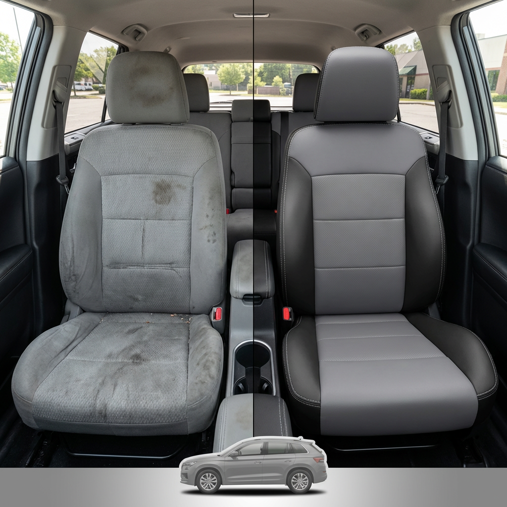  Before-and-after interior comparison for a 2005–2007 Chrysler Crossfire Coupe/Convertible Leatherteck Katzkin seat cover kit (K3, K3761-100): left side shows a worn, stained grey cloth front seat, while right side shows the upgraded black and Lunar Grey leather seat with Lunar Grey center panels and matching Lunar Grey stitching; small vehicle graphic at the bottom.

