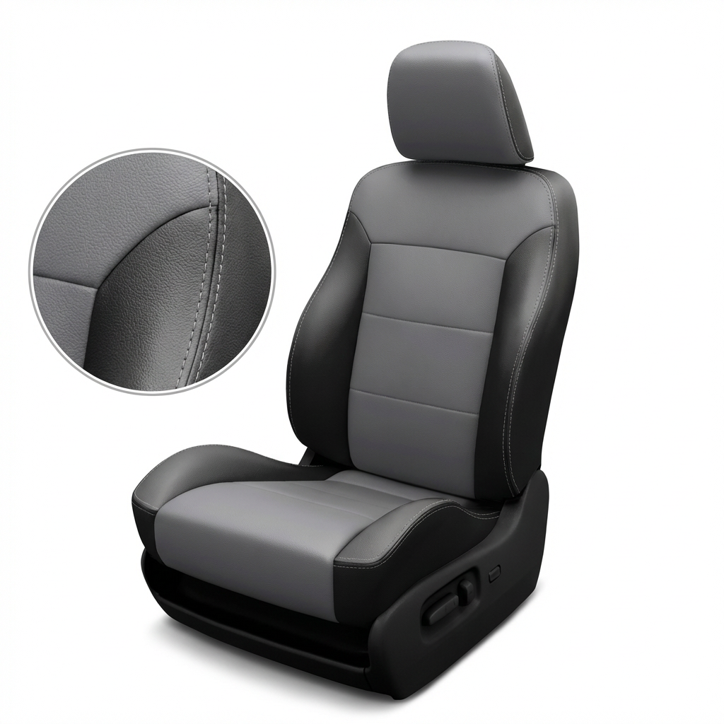  Close-up product image of a 2005–2007 Chrysler Crossfire Coupe/Convertible Leatherteck Katzkin seat cover kit (K3, K3761-100) on a white background, featuring black bolsters with a Lunar Grey center insert and Lunar Grey stitching; inset detail shows the leather grain and grey stitch line.