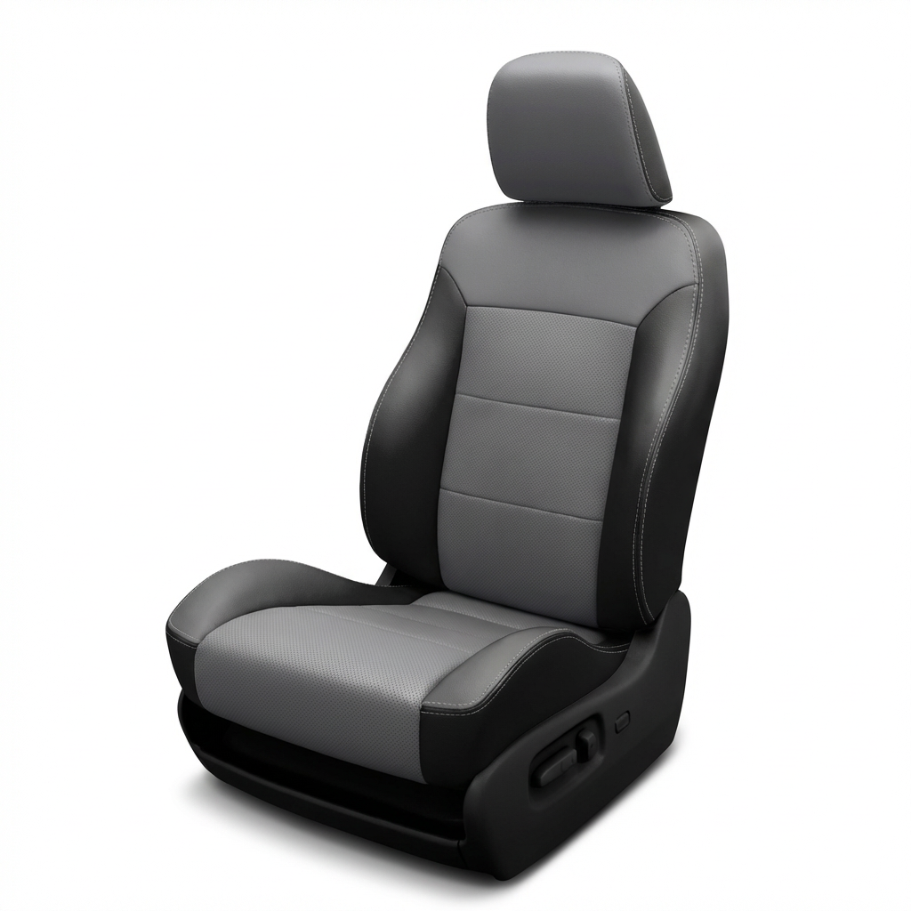 2005–2007 Chrysler Crossfire Coupe/Convertible Leatherteck Katzkin leather seat cover upholstery kit (K3, K3761-100) on a white background, featuring black bolsters with a Lunar Grey center insert and Lunar Grey stitching.