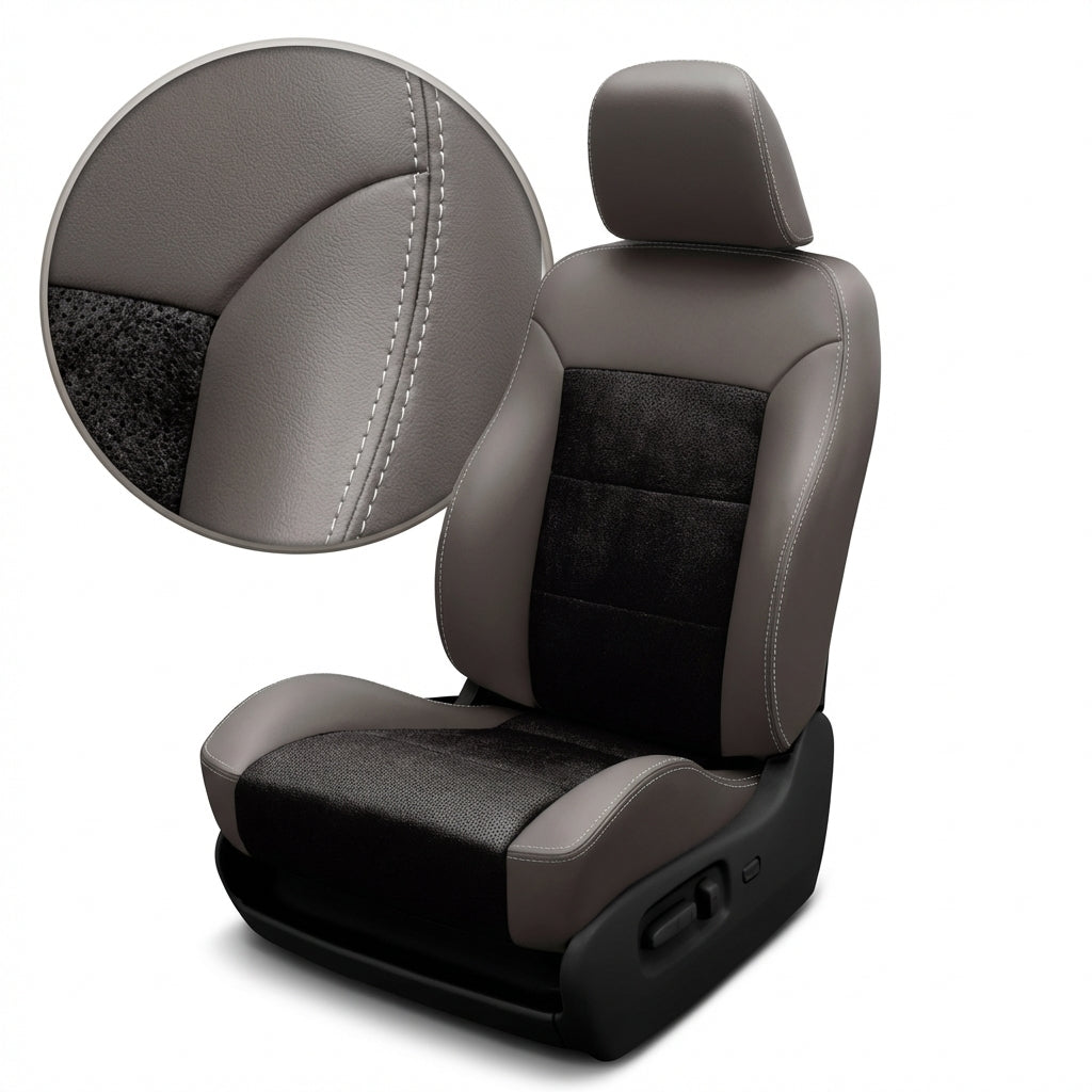  Close-up and full view of a 2005–2007 Chrysler Crossfire Coupe/Convertible Leatherteck Katzkin seat cover kit (K3, K3643-103) on a white background, featuring light grey leather with a Raven Suedezkin perforated combo center insert; inset highlights the silver stitching and the texture/perforation of the insert material.

