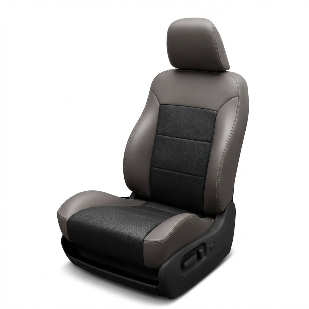 2005–2007 Chrysler Crossfire Coupe/Convertible Leatherteck Katzkin leather seat cover upholstery kit (K3, K3643-103) on a white background, featuring light grey leather bolsters with a Raven Suedezkin perforated combo center insert and silver stitching throughout.