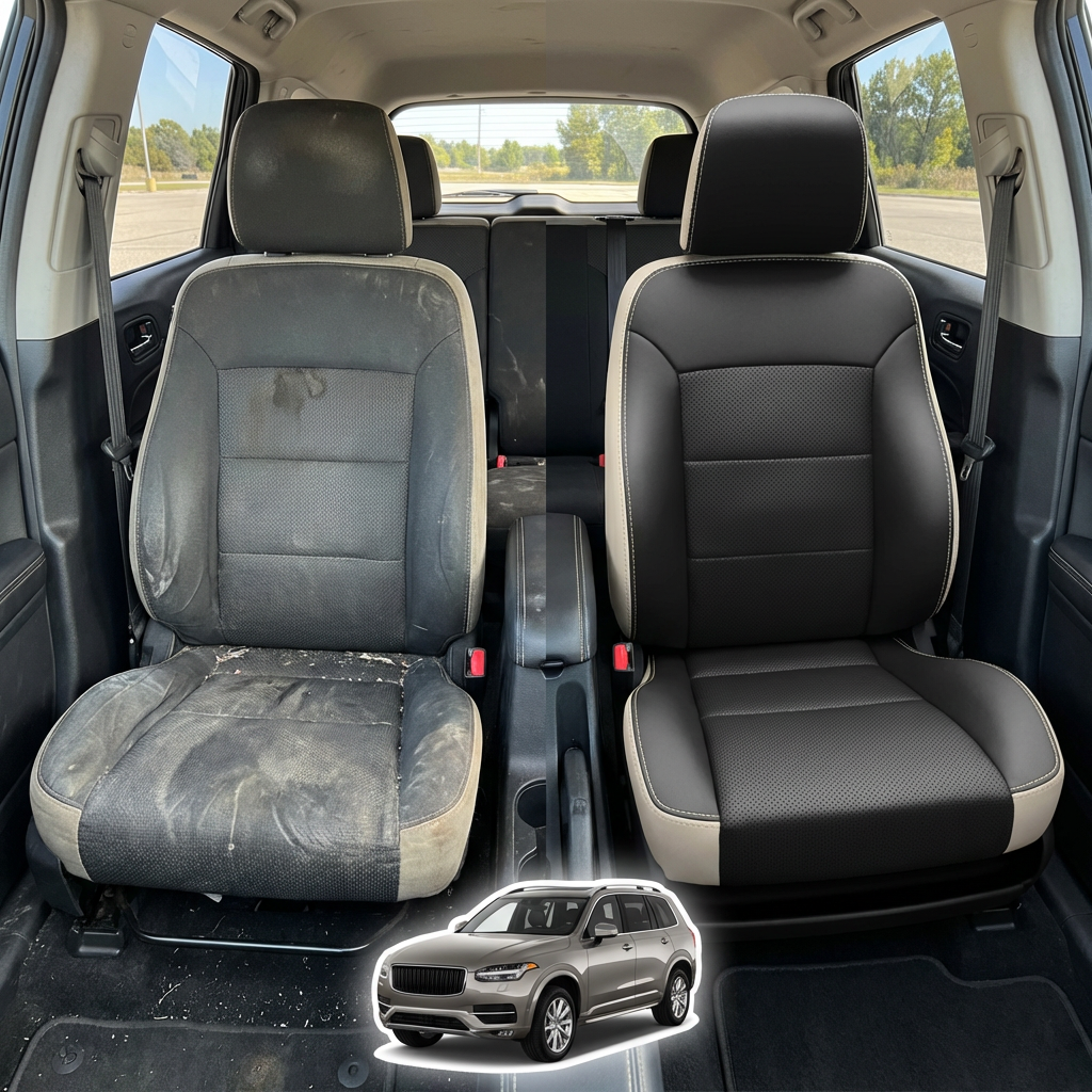 Before-and-after interior comparison for a 2005–2007 Chrysler Crossfire Coupe/Convertible Leatherteck Katzkin seat cover kit (K3, K3649-120): left side shows a worn black/grey cloth front seat, while right side shows the upgraded seat with pearl outer bolsters, black facing panels, black perforated combo center insert, and contrasting pearl stitching; small vehicle graphic at the bottom.