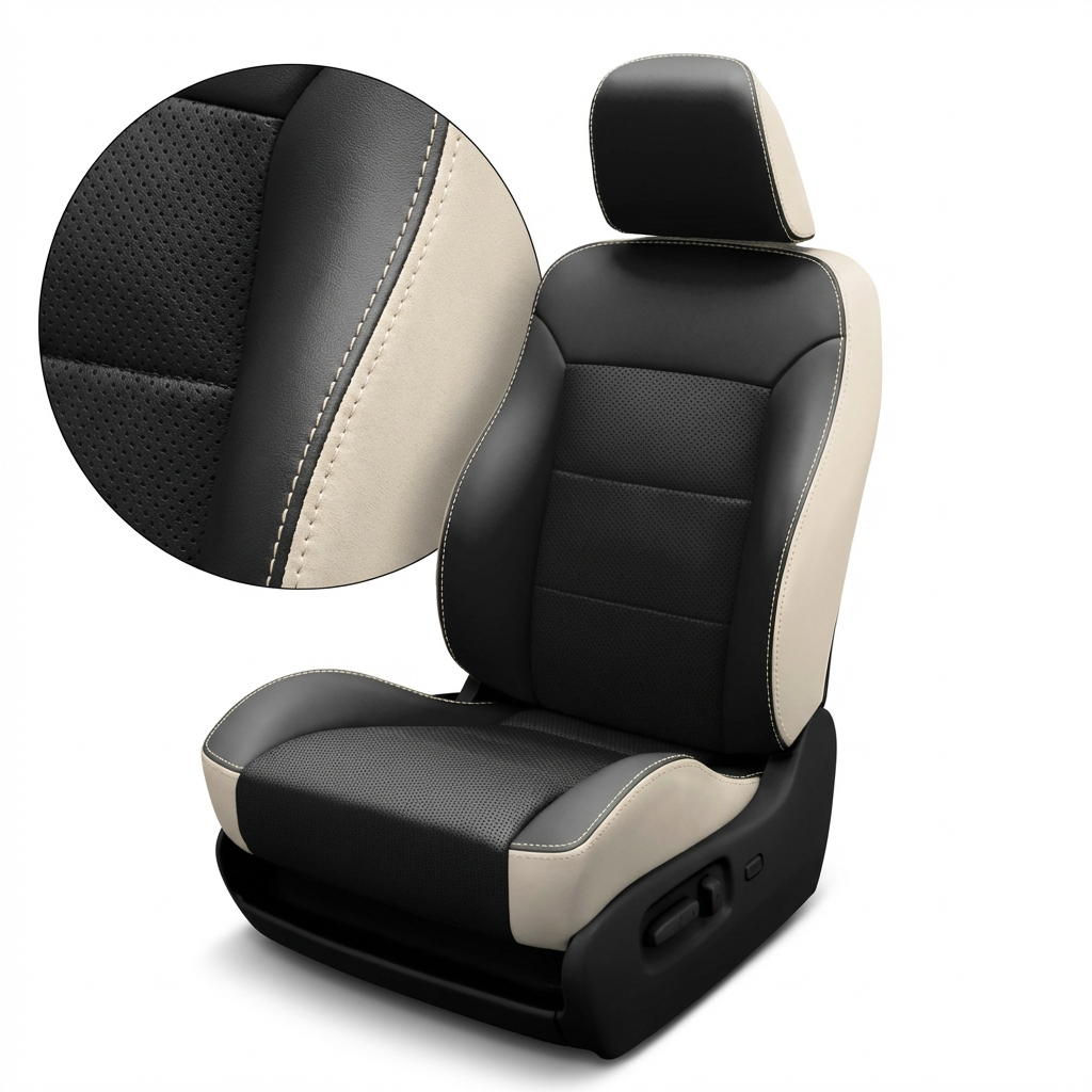 Close-up product image of a 2005–2007 Chrysler Crossfire Coupe/Convertible Leatherteck Katzkin seat cover kit (K3, K3649-120) on a white background, featuring pearl outer bolsters with black facing panels, black perforated combo center inserts, and contrasting pearl stitching; inset highlights the perforated black insert and pearl-stitched seam detail.