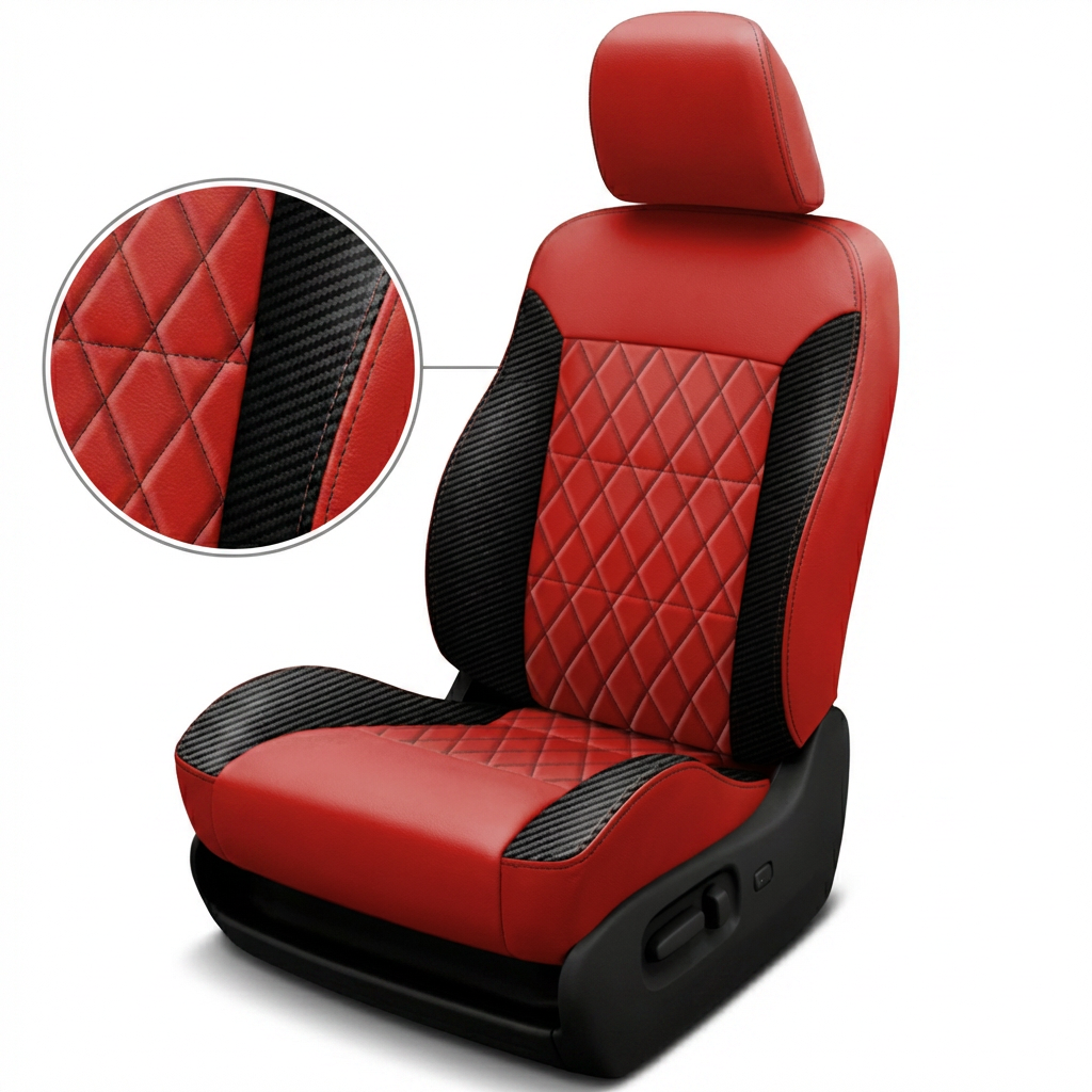 Close-up of a 2005–2007 Chrysler Crossfire Coupe/Convertible Leatherteck Katzkin leather seat cover upholstery kit (K3, K3649-121) in red with carbon shadow wings, single diamond-quilted center inserts, and black stitching, shown on a white background with an inset highlighting the diamond quilting and carbon-texture side panel.