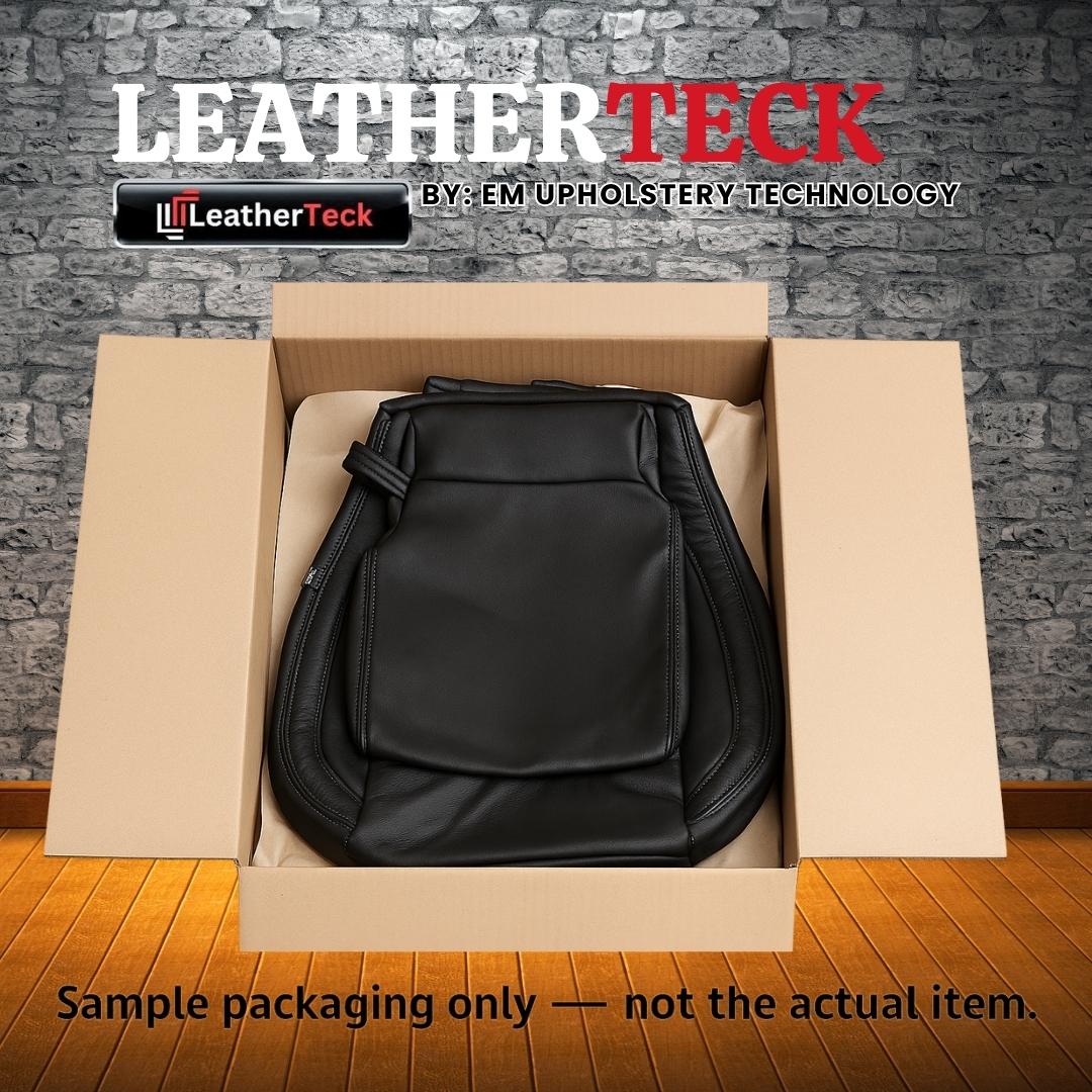 Open box view of LeatherTeck leather seat upholstery kit showing packaged seat cover components.
