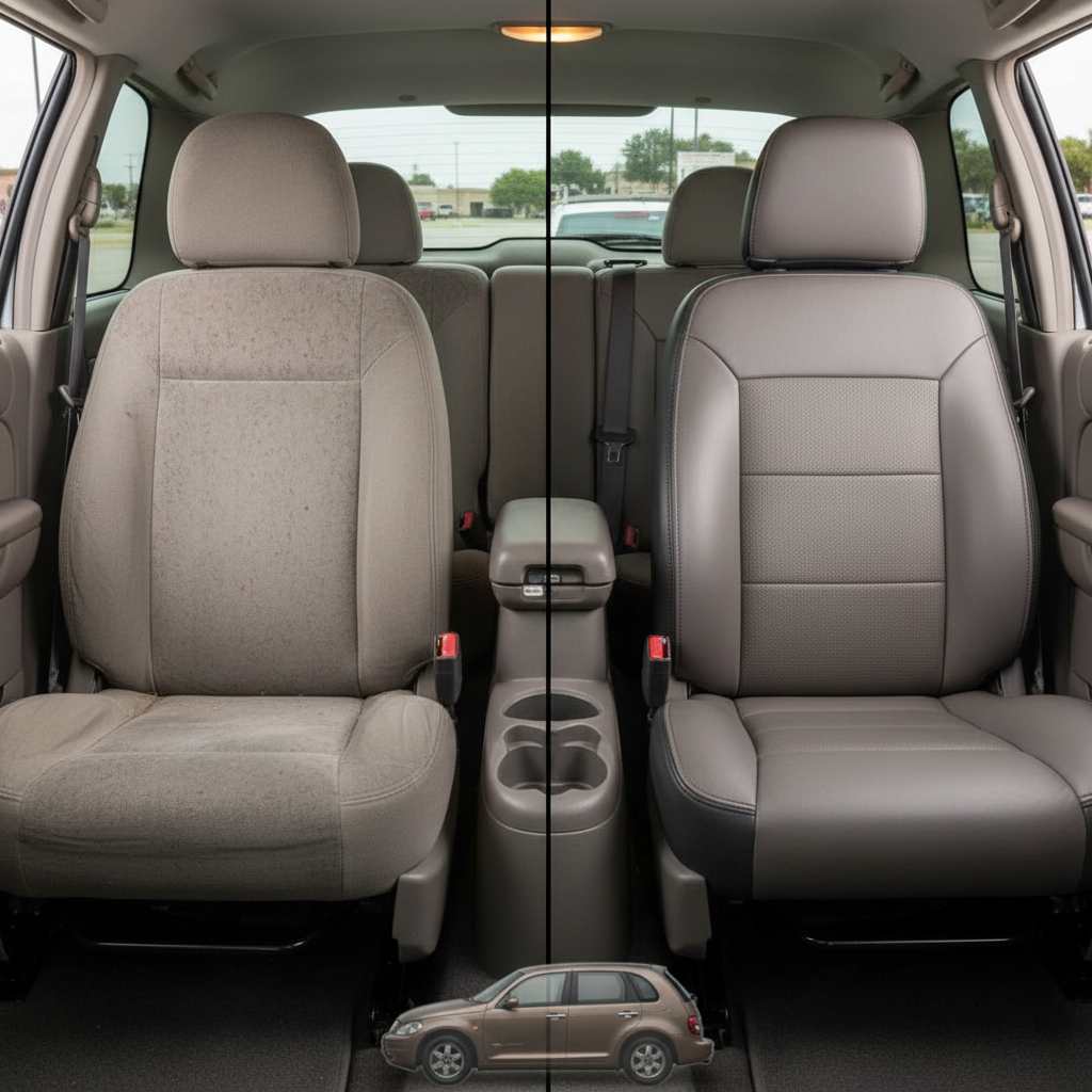  Before-and-after interior photo for a 2007 Chrysler Aspen showing the original tan cloth front seat on the left and the upgraded Katzkin/Leatherteck K3 leather seat on the right (K3763-100) with black outer bolsters, light gray facing, perforated center insert, and black stitching; split-screen cabin view with a small SUV graphic at the bottom.