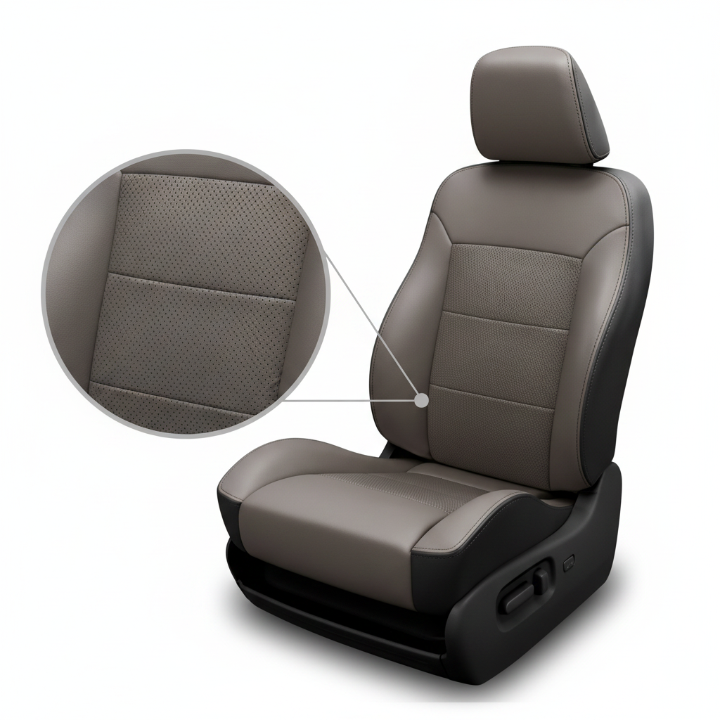 Close-up of a 2007 Chrysler Aspen Katzkin Leatherteck leather seat cover upholstery kit (K3, K3763-100) on a white background, with an inset zoom highlighting the perforated light gray center insert, panel seams, and black stitching, plus black outer bolsters and a matching headrest.