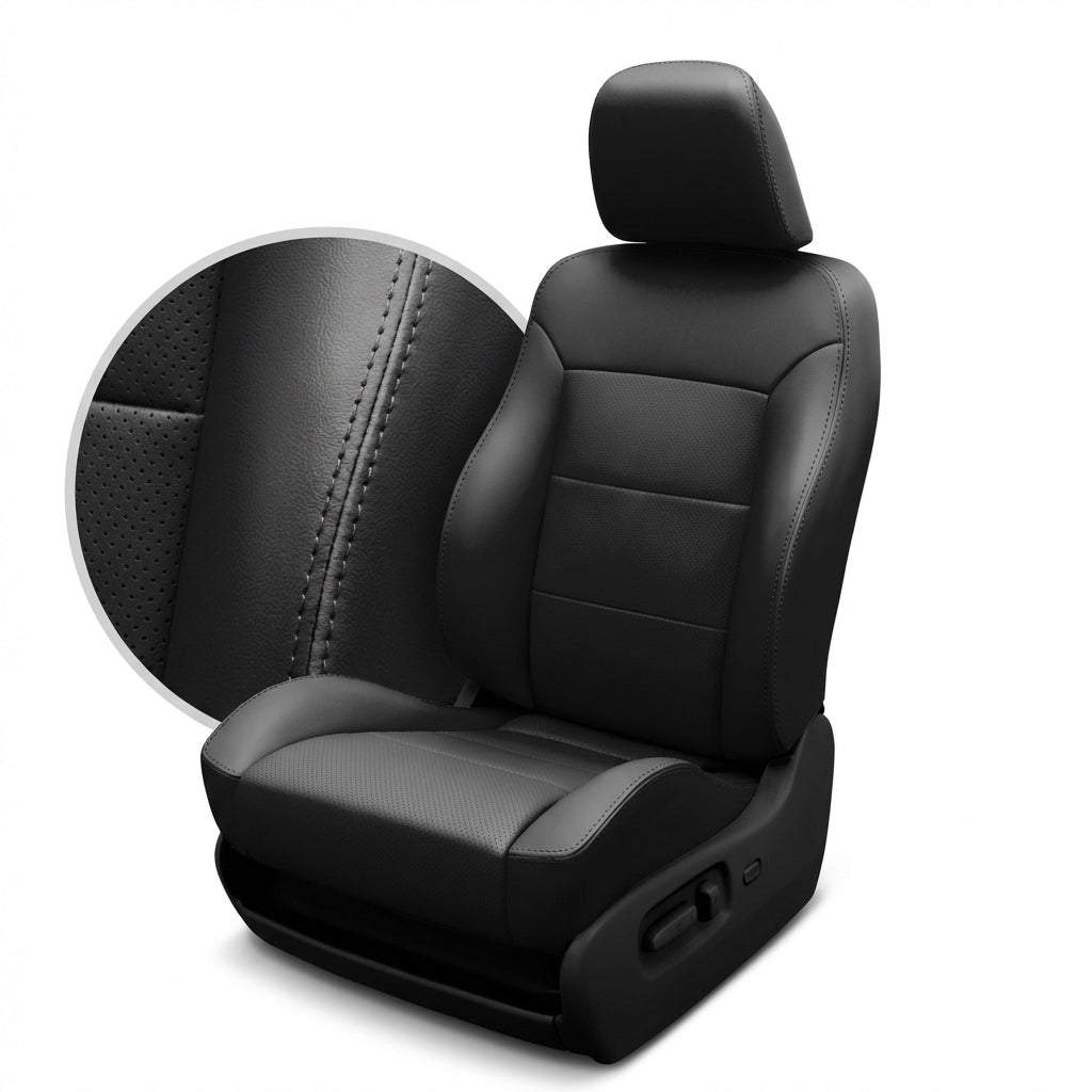 Close-up of a 2007 Chrysler Aspen Leatherteck Katzkin leather seat cover upholstery kit (F1) in black with black stitching, shown on a white background with an inset highlighting the perforated leather texture and double-row seam stitching.