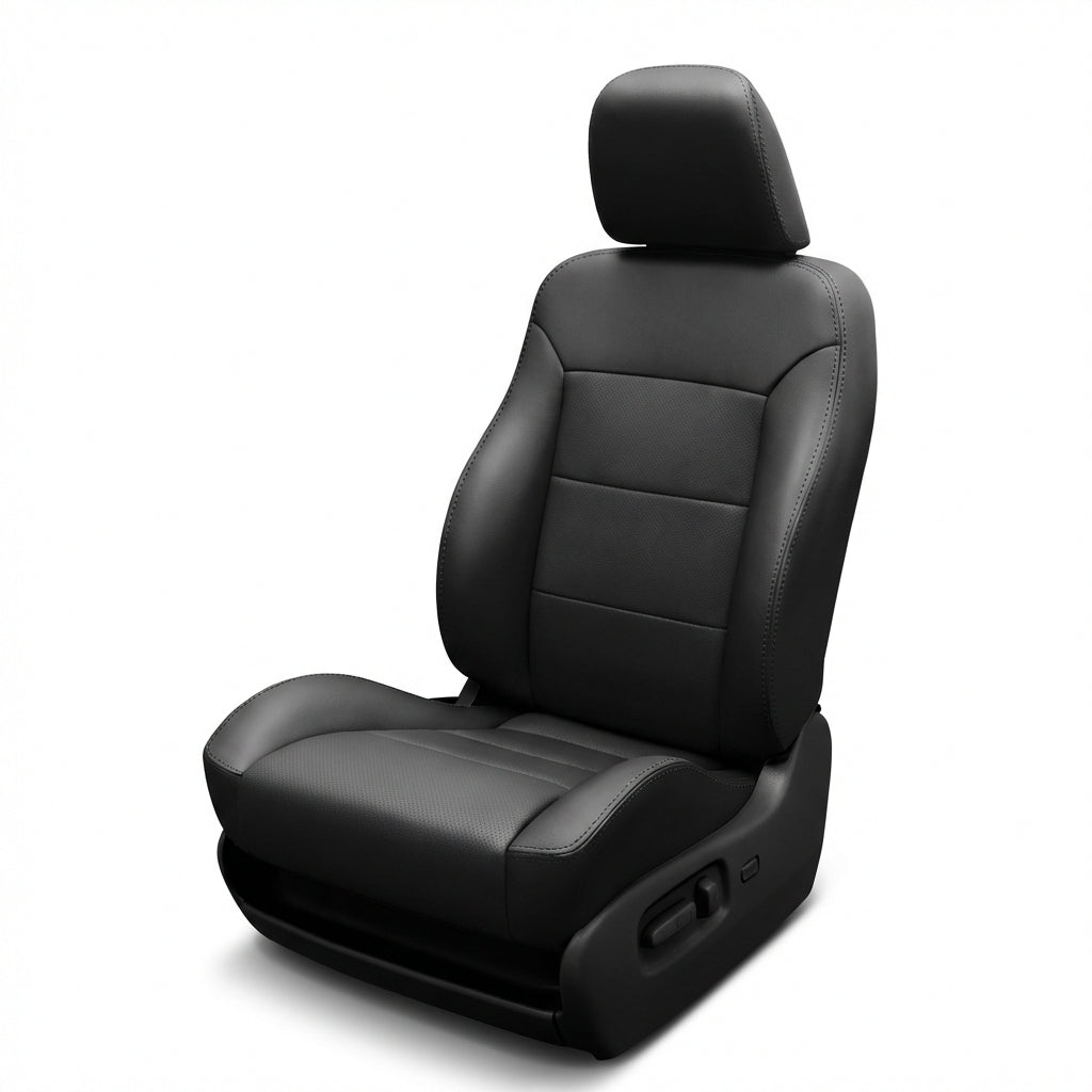 2007 Chrysler Aspen Leatherteck Katzkin leather seat cover upholstery kit (F1) in black with black stitching, shown as a full front seat on a white background with smooth bolsters, textured center panels, and clean stitched seams.