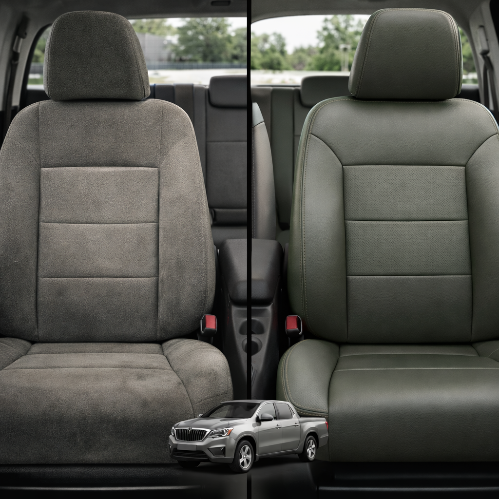 Before-and-after comparison for a 2007 Chrysler Aspen Katzkin/Leatherteck seat cover kit (F2, dark gray): left shows the original worn gray cloth front seat, while right shows the upgraded dark gray leather seat with a textured center insert and clean stitched seams; small SUV graphic at the bottom.