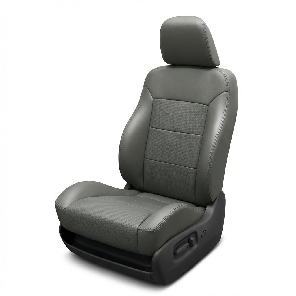 2007 Chrysler Aspen Katzkin leather seat cover upholstery kit (F2) in dark gray, shown as a complete front seat on a white background with matching dark gray panels, subtle stitched seams, and a textured center insert.