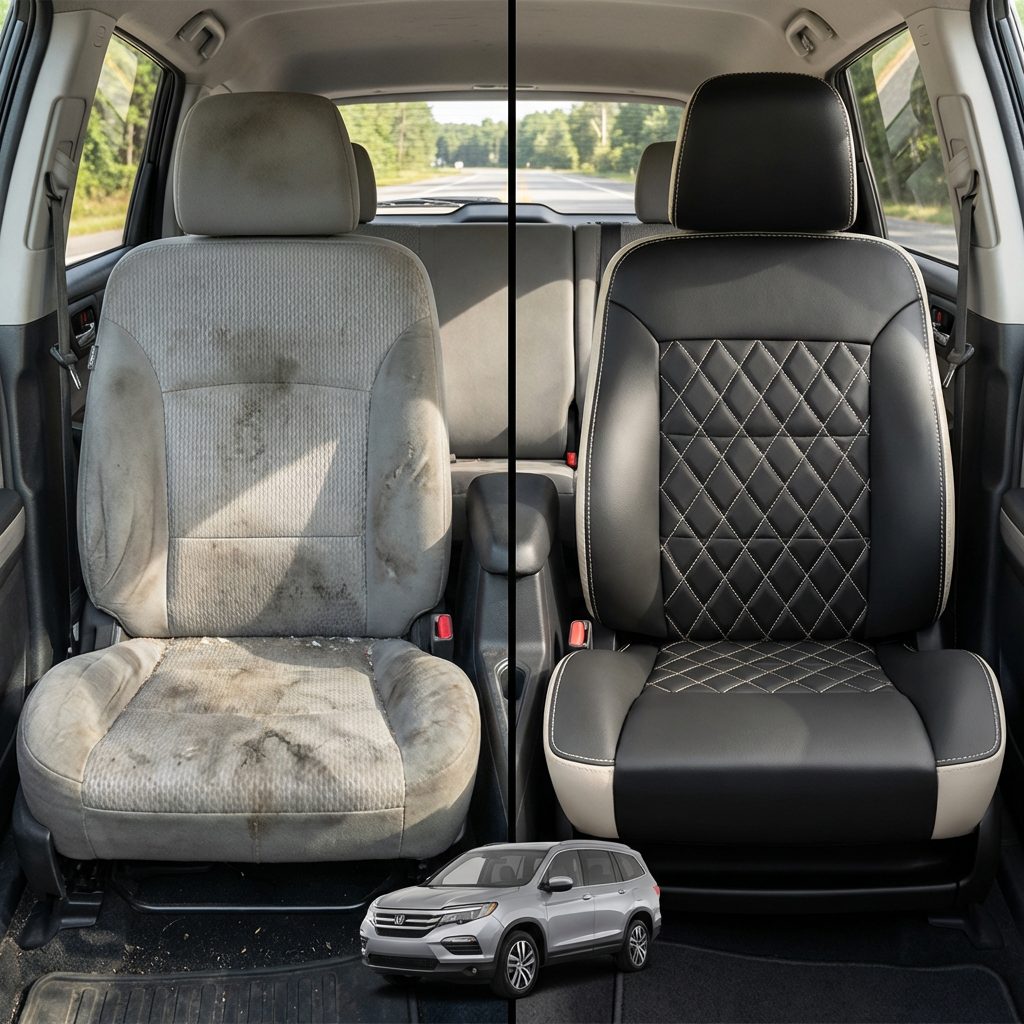 Before-and-after comparison for a 2007 Chrysler Aspen Leatherteck Katzkin seat cover kit (K3, K3650-120): left shows a stained, worn cloth front seat, while right shows the upgraded seat with pearl outer bolsters, black facing panels, single diamond-quilted black center inserts, and pearl stitching; small SUV graphic at the bottom.