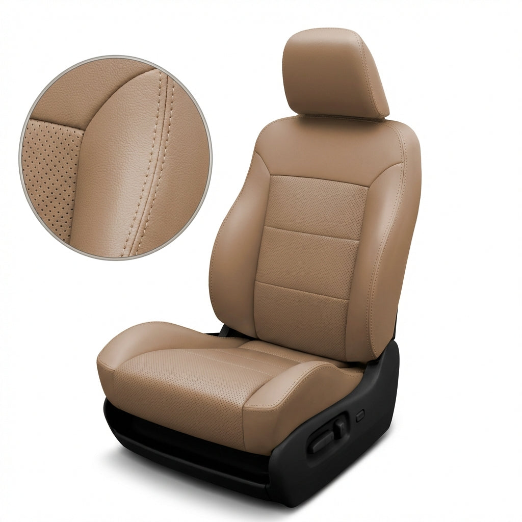 Close-up of a 2007 Chrysler Aspen Leatherteck Katzkin leather seat cover upholstery kit (F3) in tan/beige, shown on a white background with an inset highlighting the perforated leather insert and double-row stitching along the seam.