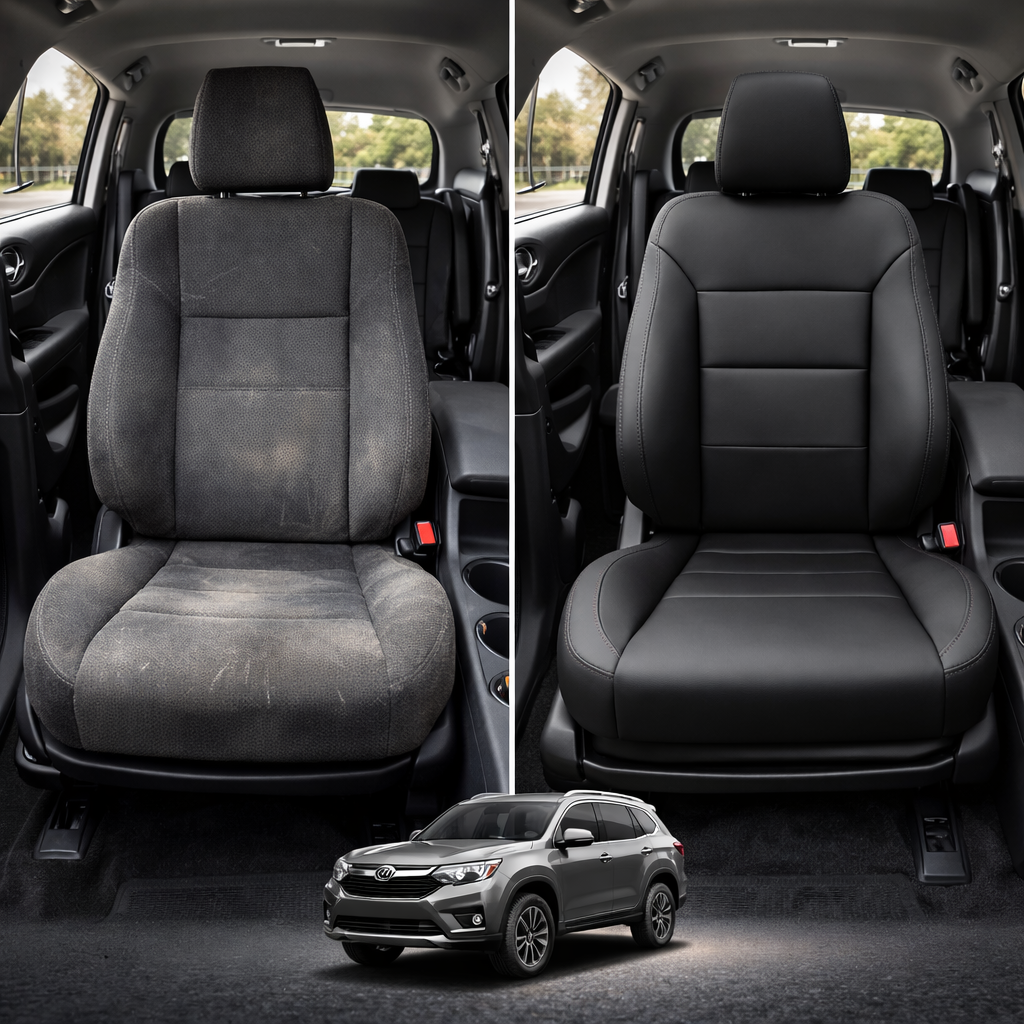 Before-and-after comparison of Buick_Enclave front seats, showing original cloth seat upgraded to perforated leather upholstery.