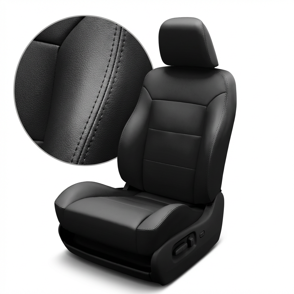 Black car seat cover with detailed stitching on a white background