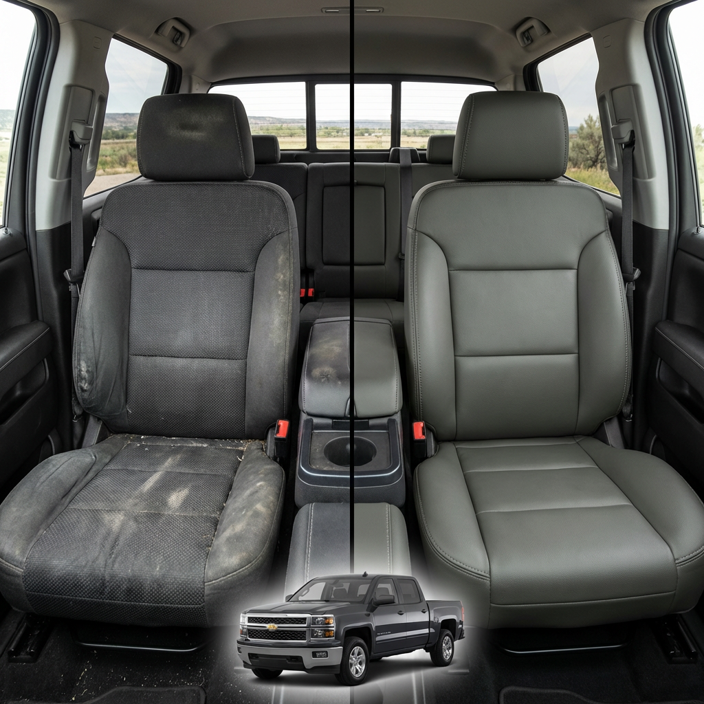 Before-and-after comparison of Buick_Enclave front seats, showing original cloth seat upgraded to perforated leather upholstery.