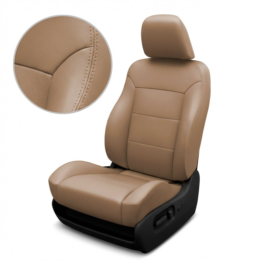 Beige car seat with detailed stitching on a white background