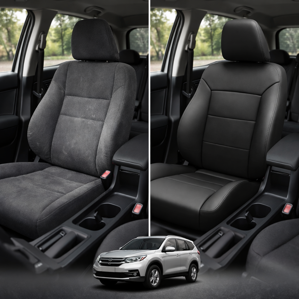 Before-and-after comparison of Lexus_CT front seats, showing original cloth seat upgraded to perforated leather upholstery.