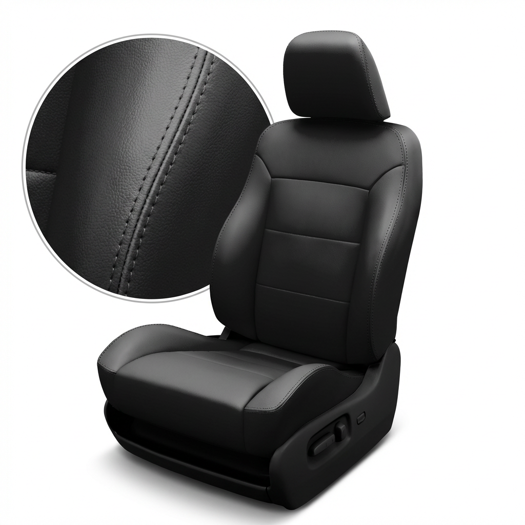 Black car seat cover with detailed stitching on a white background