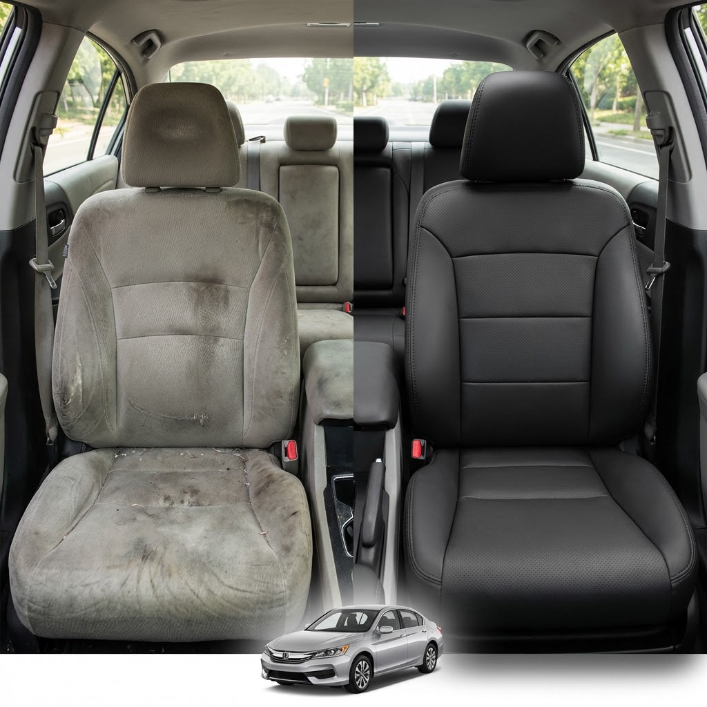 Before-and-after comparison of Chrysler_200 front seats, showing cloth seat upgraded to perforated leather upholstery.
