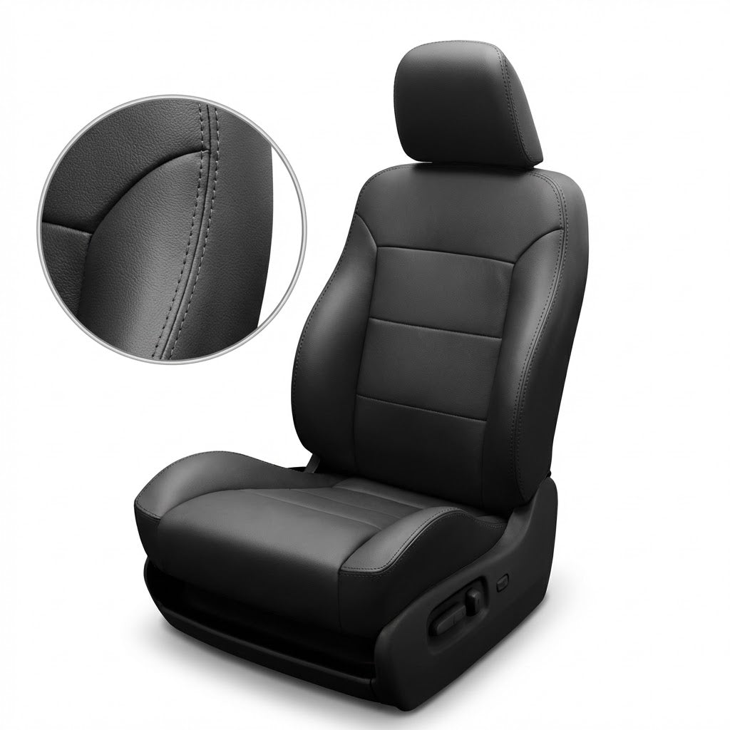 Black car seat cover with detailed stitching on a white background