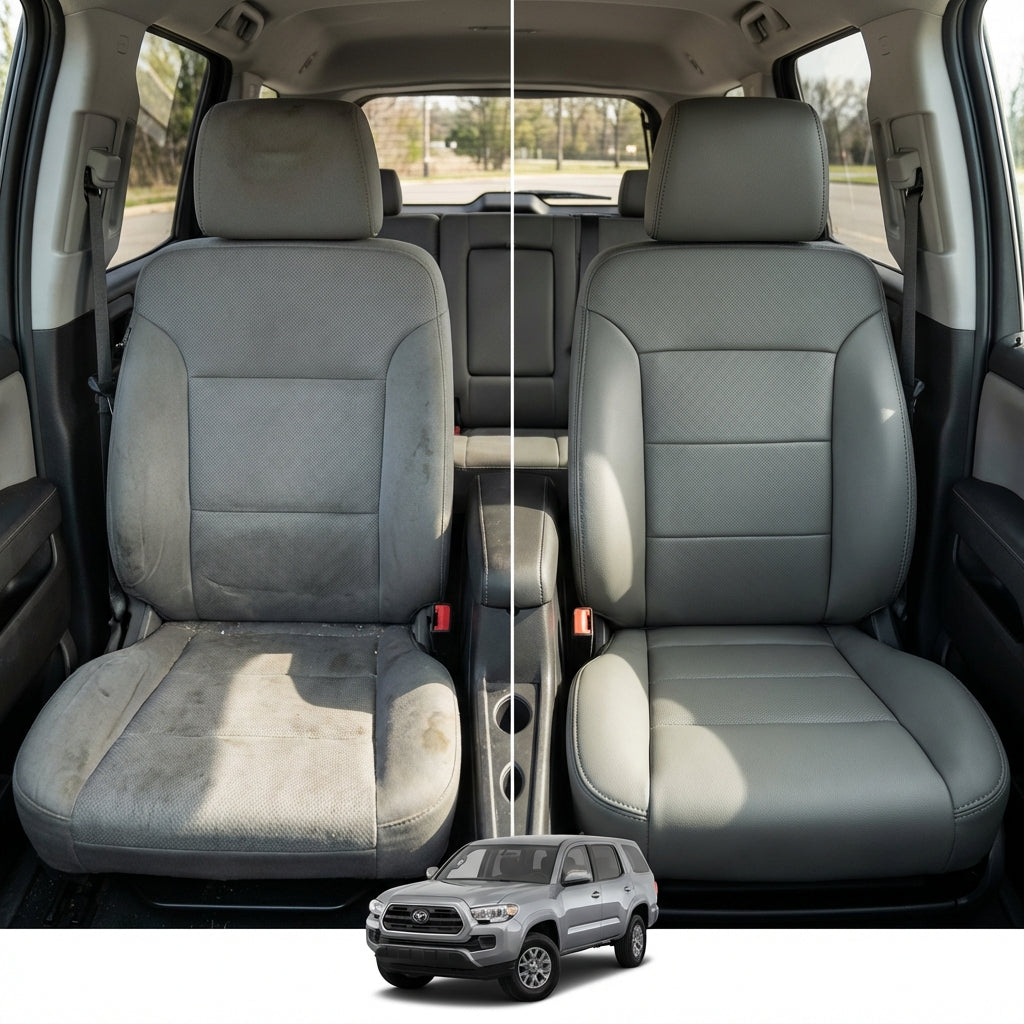 Before-and-after comparison of Chrysler 200 front seats, showing cloth seat upgraded to perforated leather upholstery.
