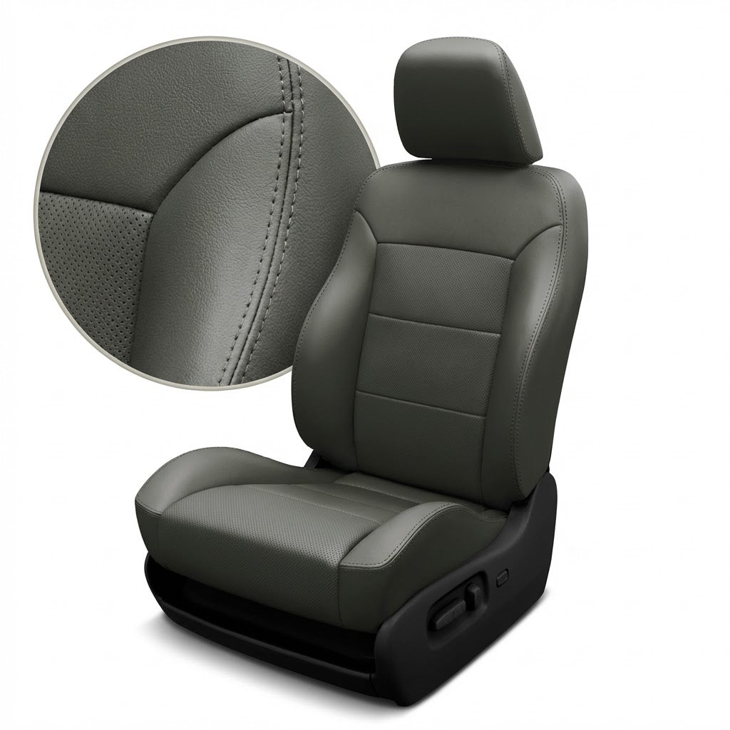 Gray car seat cover with detailed stitching on a white background