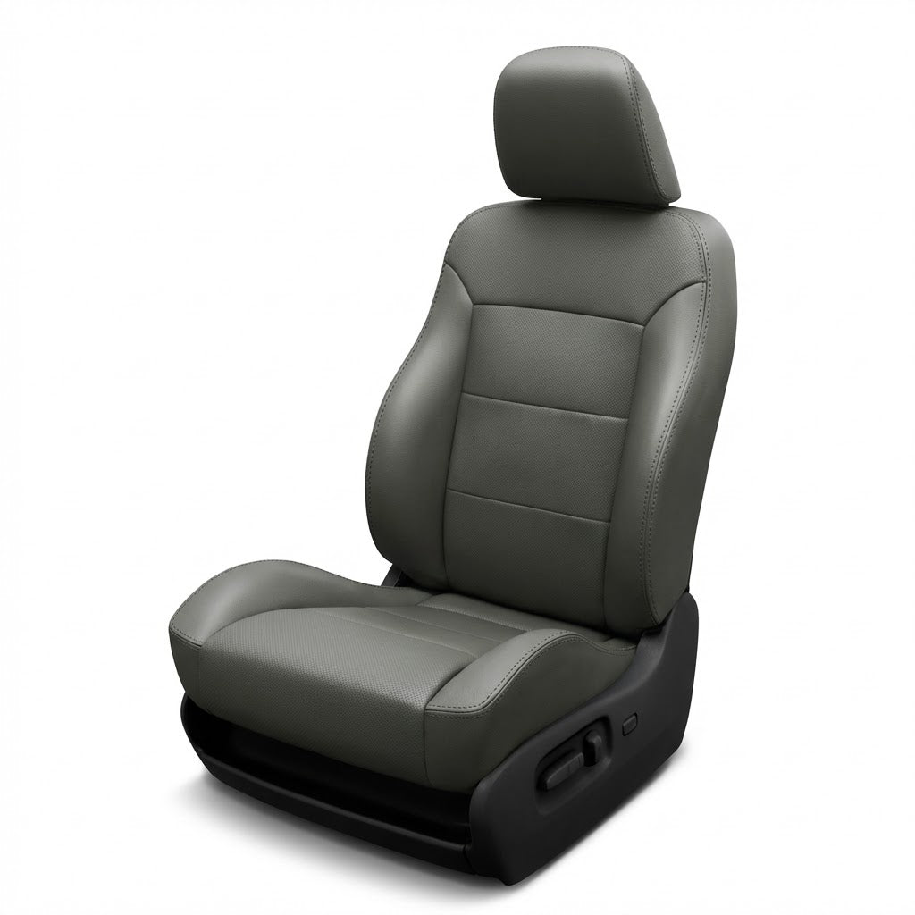 Gray car seat with headrest on a white background