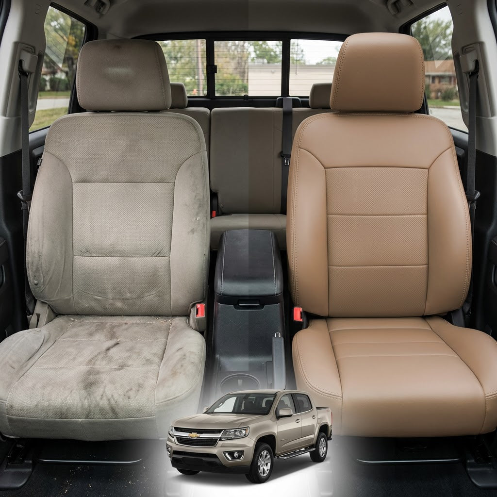 Before-and-after comparison of Chrysler_200 front seats, showing cloth seat upgraded to perforated leather upholstery.
