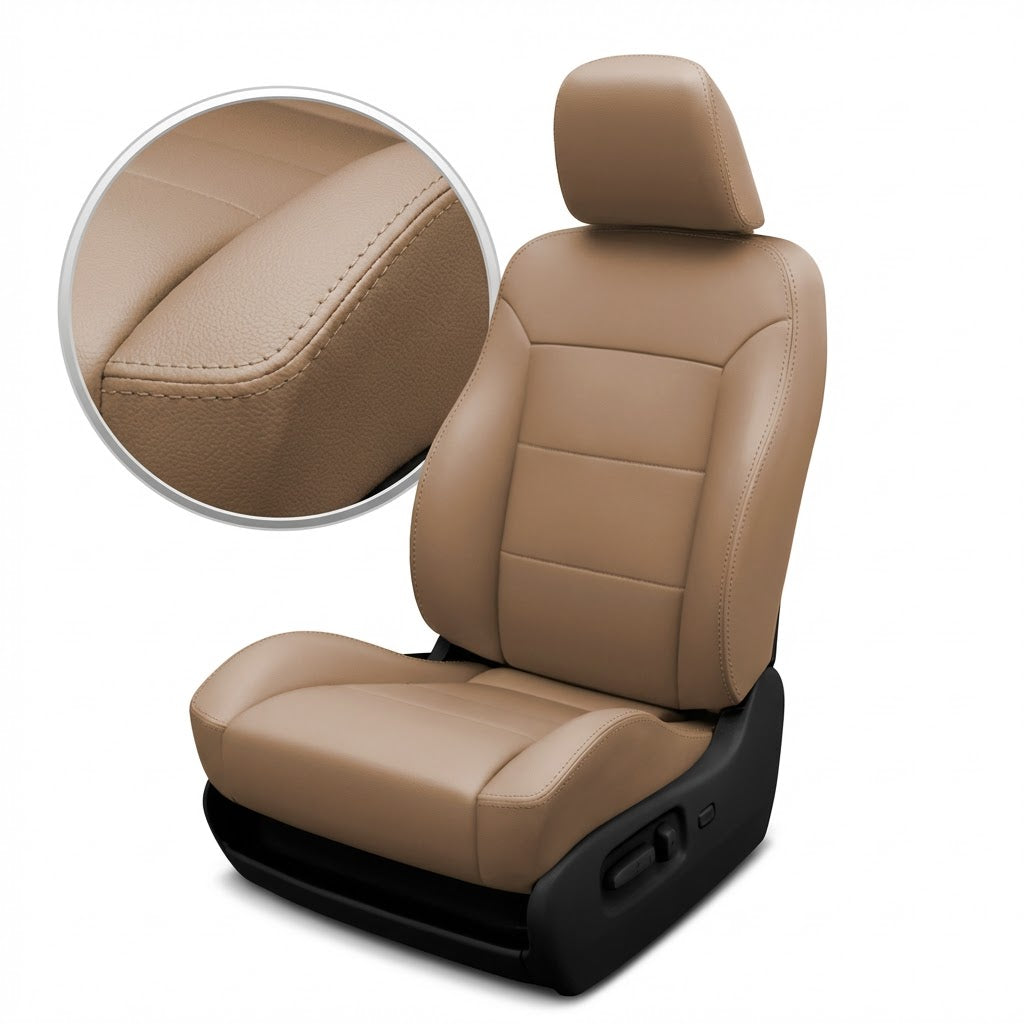 Beige car seat with detailed texture close-up on a white background