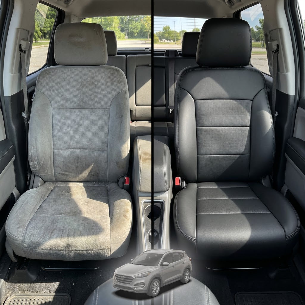 Before-and-after comparison of Dodge Grand Caravan front seats, showing cloth seat upgraded to perforated leather upholstery.
