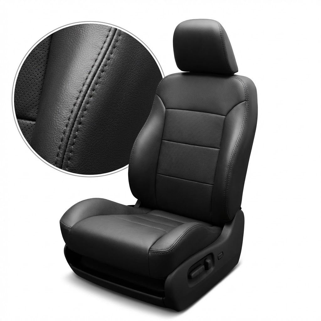 Black car seat cover with detailed stitching on a white background