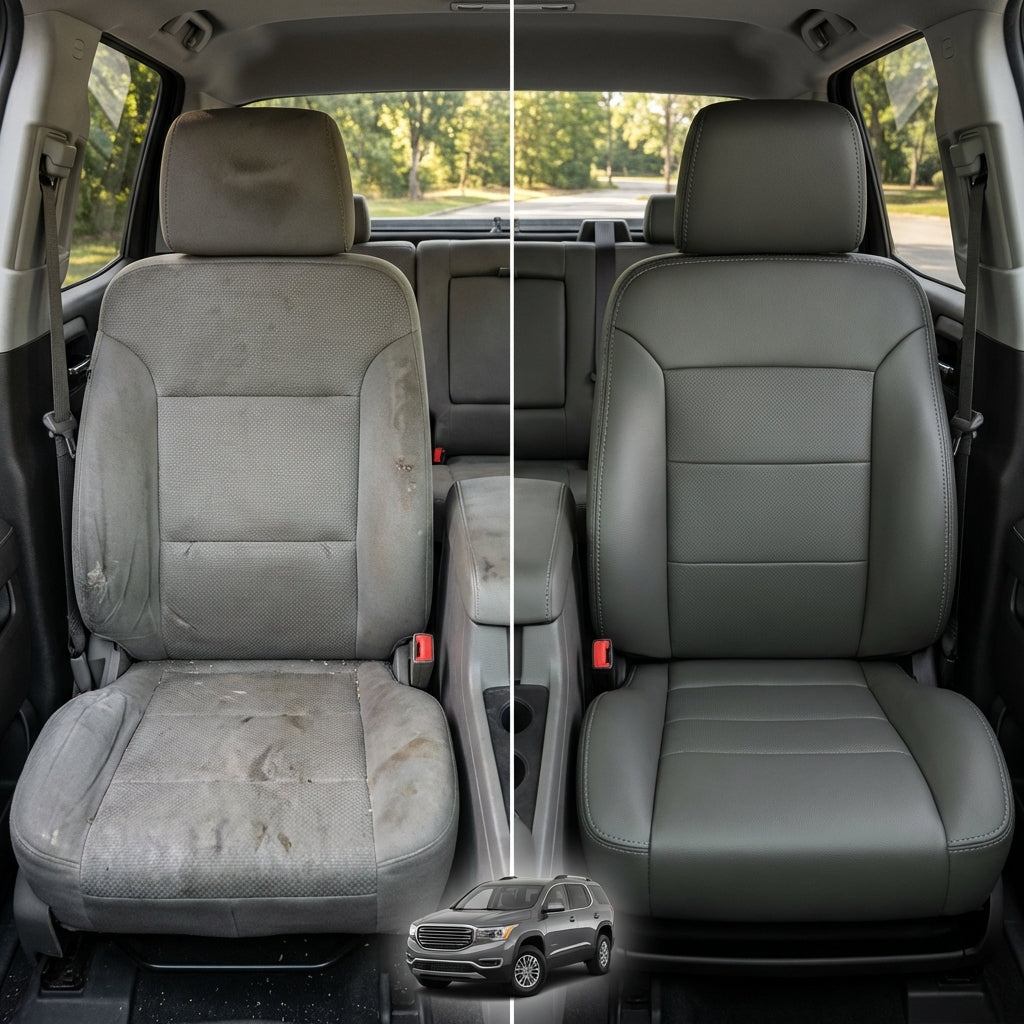 Before-and-after comparison of Dodge Grand Caravan front seats, showing cloth seat upgraded to perforated leather upholstery.
