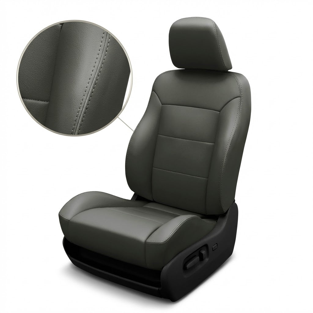 Gray car seat with detailed stitching on a white background