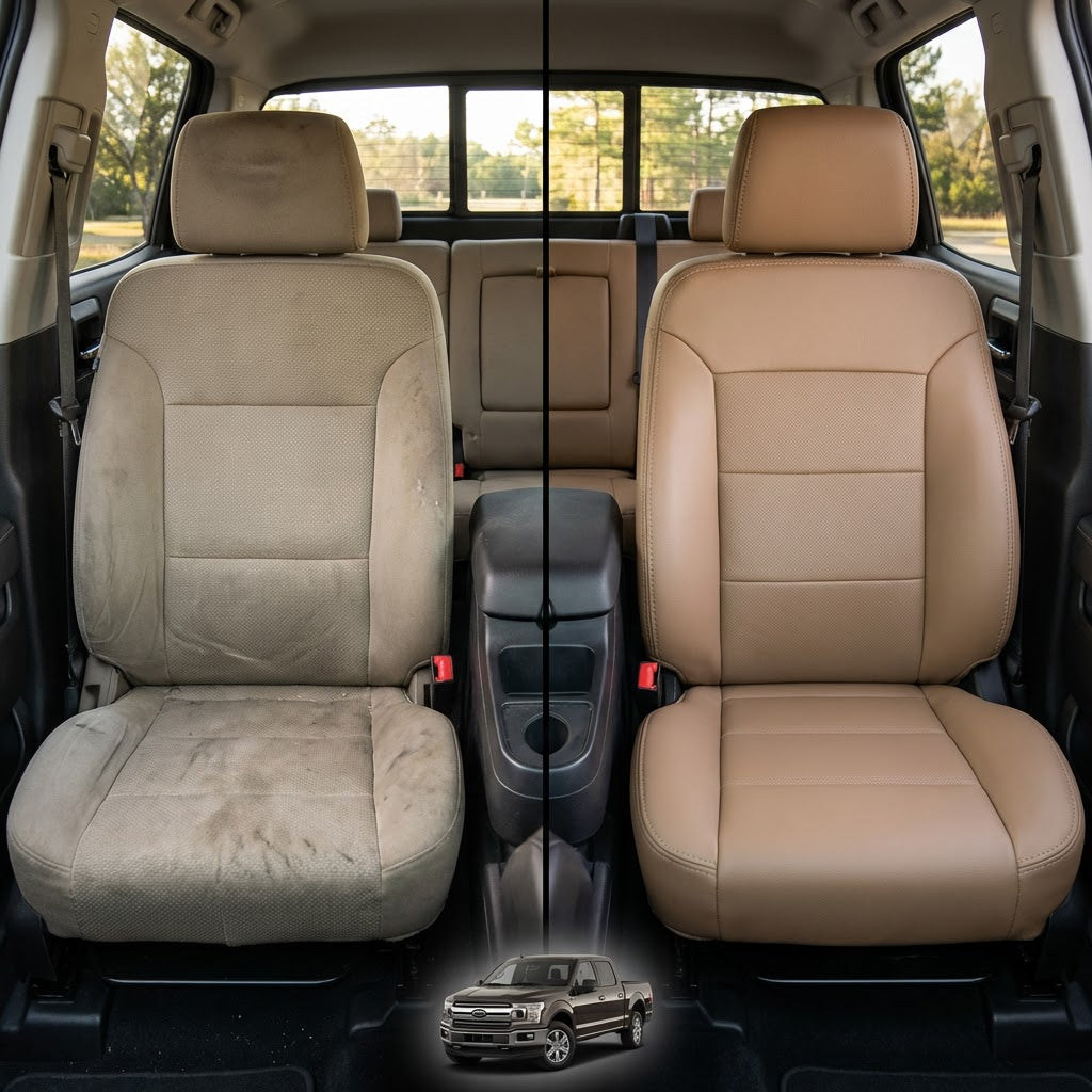 Before-and-after comparison of Dodge Grand Caravan front seats, showing cloth seat upgraded to perforated leather upholstery.
