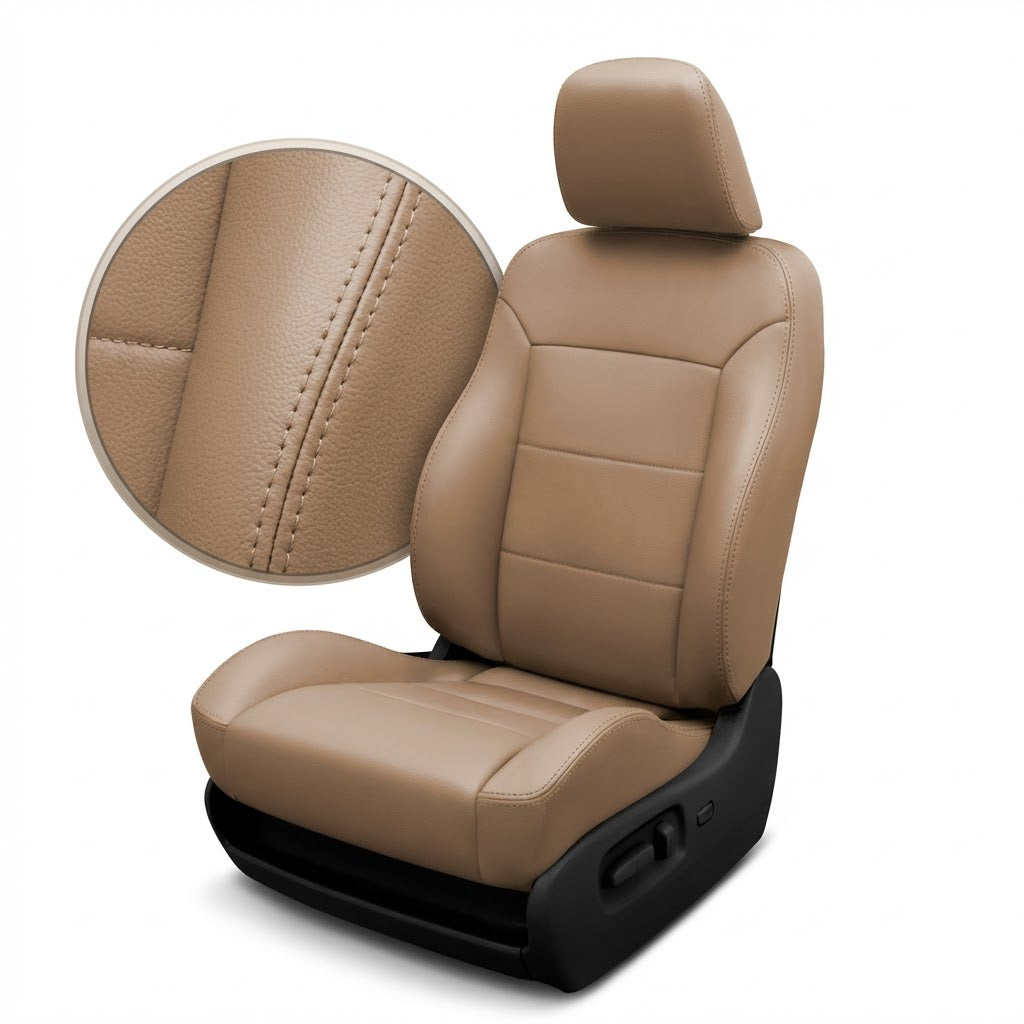 Beige car seat with detailed stitching on a white background